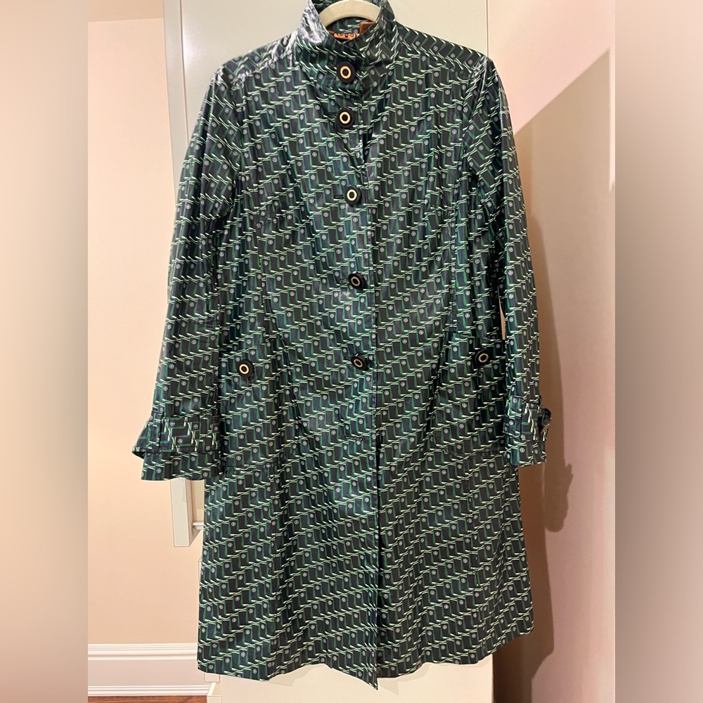 Tory Burch Rain blue/ green vinyl. Button front. Back pleat. Great condition.